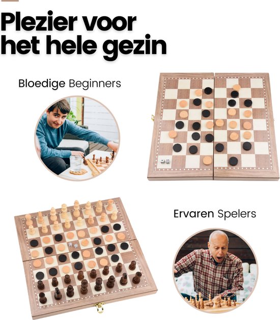Thumbnail van een extra afbeelding van het spel No Peak 3 in 1 schaakbord - Schaakspel - Dammen - Backgammon - 3 in 1 schaakset - schaakbord met schaakstukken - Inclusief E-Book