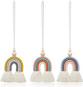 3 stuks regenboog muur opknoping, regenboog macrame handgeweven wanddecoratie met twee houten kralen, voor auto achteruitkijkspiegel, meisjeskamer, huis, kinderkamer wanddecoratie