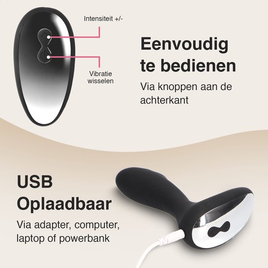 Zwart, ergonomisch speeltje dat oplaadt via USB. Bediening via knoppen aan achterkant.