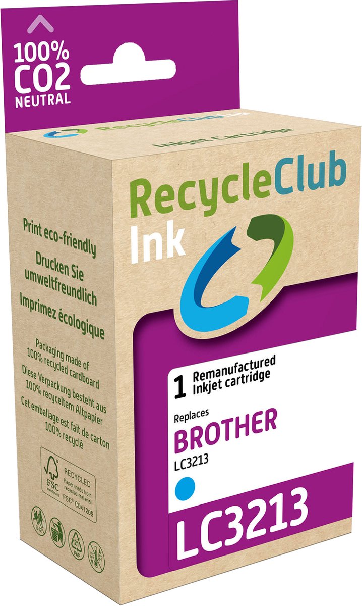 RecycleClub inktcartridge - Inktpatroon - Geschikt voor Brother - Alternatief voor Brother LC-3213 Cyaan Blauw 6.6ml - 500 pagina's