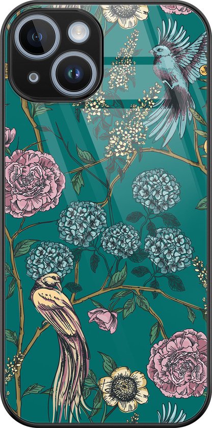 Coque de téléphone verte avec des fleurs japonaises et des oiseaux. La coque est en plastique dur.