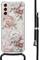 Hoesje met koord geschikt voor Samsung Galaxy S21 - Klassieke bloemen - Inclusief zwart koord - Crossbody beschermhoes - Transparant, Beige - Mooie Telefoonhoesjes