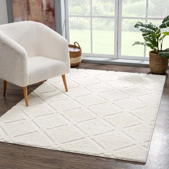 Flycarpets Solace Hoogpolig Geruit Vloerkleed - Creme - 140x200 cm