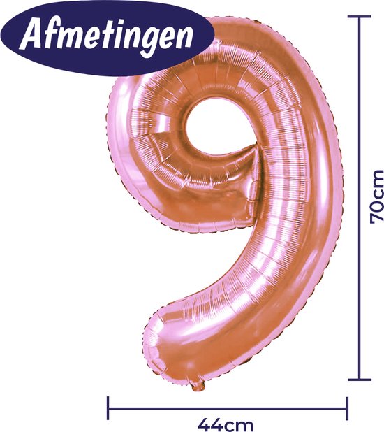 Ballon Aluminium Chiffre 9 - Or Rose - 70cm - Incl. Paille Gonflable - Décoration Anniversaire
