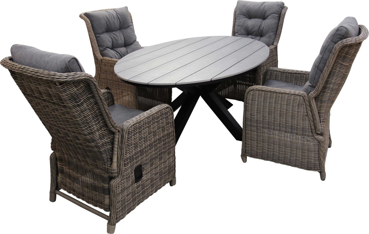 5-delige tuinset met 4 verstelbare stoelen en 180cm ovale tuintafel in grijs.