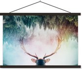 Posterhanger incl. Poster 120x80 cm - Schoolplaat - Hert - Gewei - Bos - Mist - Textielposter - Zwarte latten