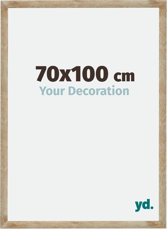 Cadre photo en bois brun clair avec le texte '70x100 cm Your Decoration' et le logo 'yd.'.