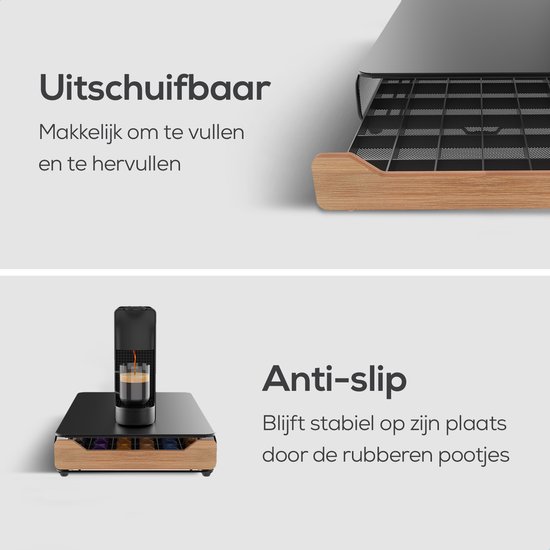 Een koffiezetapparaat met houder op aanrecht. De houder is uitschuifbaar en anti-slip.