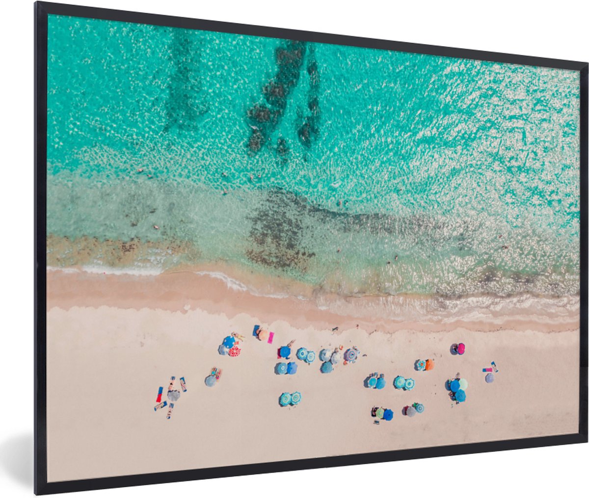 Fotolijst incl. Poster - Zee - Strand - Zomer - Parasols - Blauw - 90x60 cm - Posterlijst