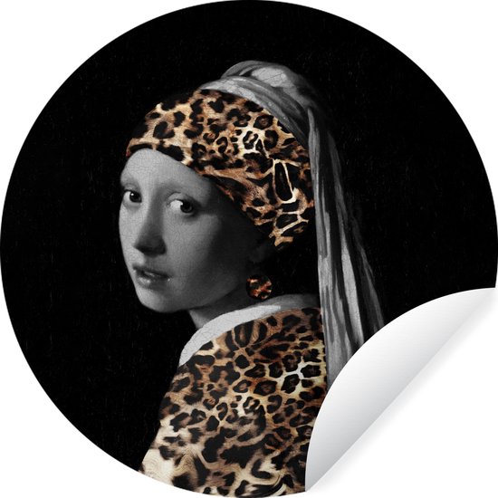 WallCircle - Stickers muraux muraux - Cercle de papier peint - Fille à la boucle d'oreille en perle - Imprimé panthère - Johannes Vermeer - 80x80 cm - Cercle mural - Autocollant - Autocollant de papier peint rond