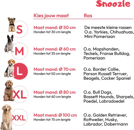Snoozle hondenmanden in 5 maten, van S (50cm) voor kleine honden tot XXL (100cm) voor grote honden.