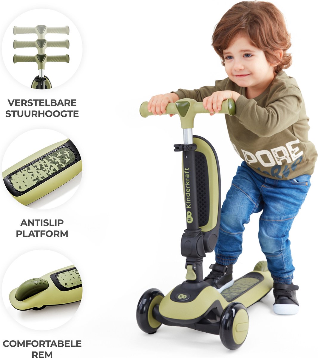 Kinderkraft HALLEY 2-in-1 Loopfiets en Driewieler Step - Voor Kinderen van 1-5 Jaar, Max 50 kg - Verstelbaar Zadel en Stuur, Opvouwbaar, LED Wielen - Groen — afbeelding 4