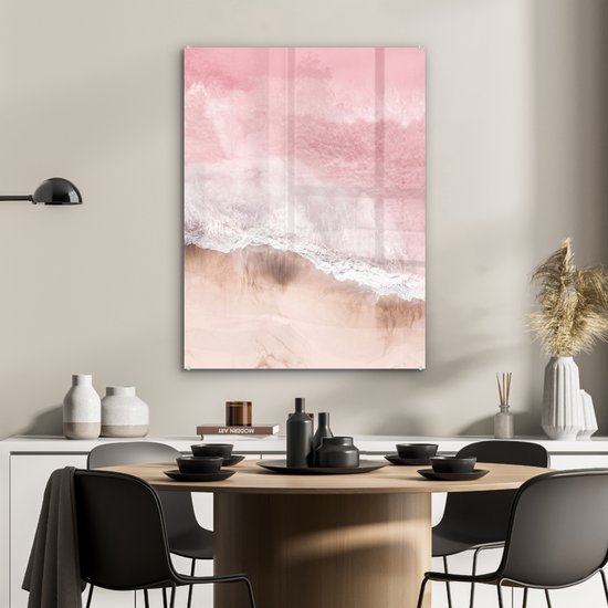 MuchoWow® Peinture sur verre 60x80 cm - Peinture sur verre - Plage - Mer - Rose - Nature - Vagues - Photo sur verre acrylique - Peintures