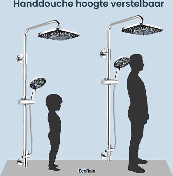 Doucheset Melvin in chroom, getoond naast silhouetten van een kind en een volwassene om de verstelbare hoogte van de handdouche aan te geven.