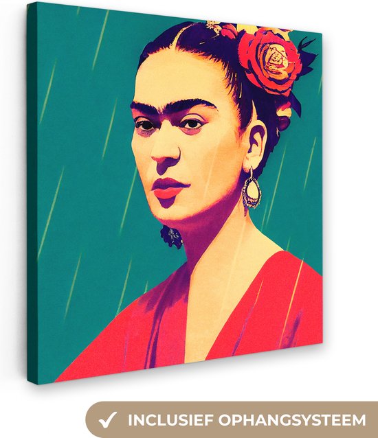 Canvas schilderij 50x50 cm - Wanddecoratie Portret - Frida Kahlo - Vrouw - Vintage - Rood - Muurdecoratie woonkamer - Slaapkamer decoratie - Kamer accessoires - Schilderijen op canvas