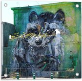 Tuinposter – Wasbeer Gemaakt van Grafitti op Gebouw - 50x50 cm Foto op Tuinposter (wanddecoratie voor buiten en binnen)