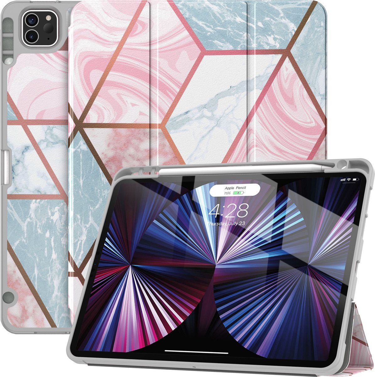 Solidenz Hoes - Geschikt voor iPad Air 11 inch (M4 / M3 / M2) en iPad Air 10.9 inch (Air 5 / Air 4) - Case Met Autowake - Hoesje Met Pencil Houder - Marmer