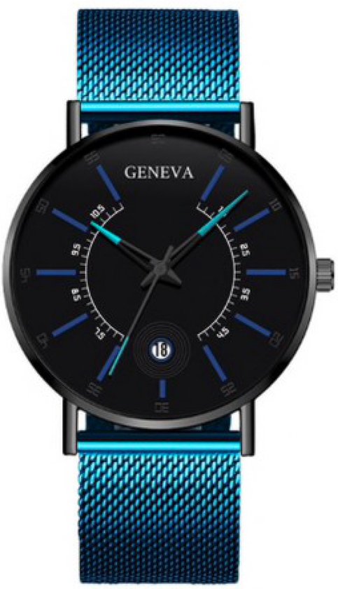 Hidzo Horloge Geneva - Met Datumaanduiding - Ø 40 mm - Blauw/Blauw - Staal