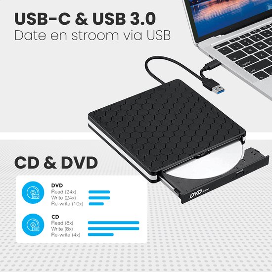 Auronic Externe DVD Speler - Voor Laptop en Brander - USB 3.0 of USB C - Windows, MacOS & Linux - Incl. Hoes + Kabel - Auronic