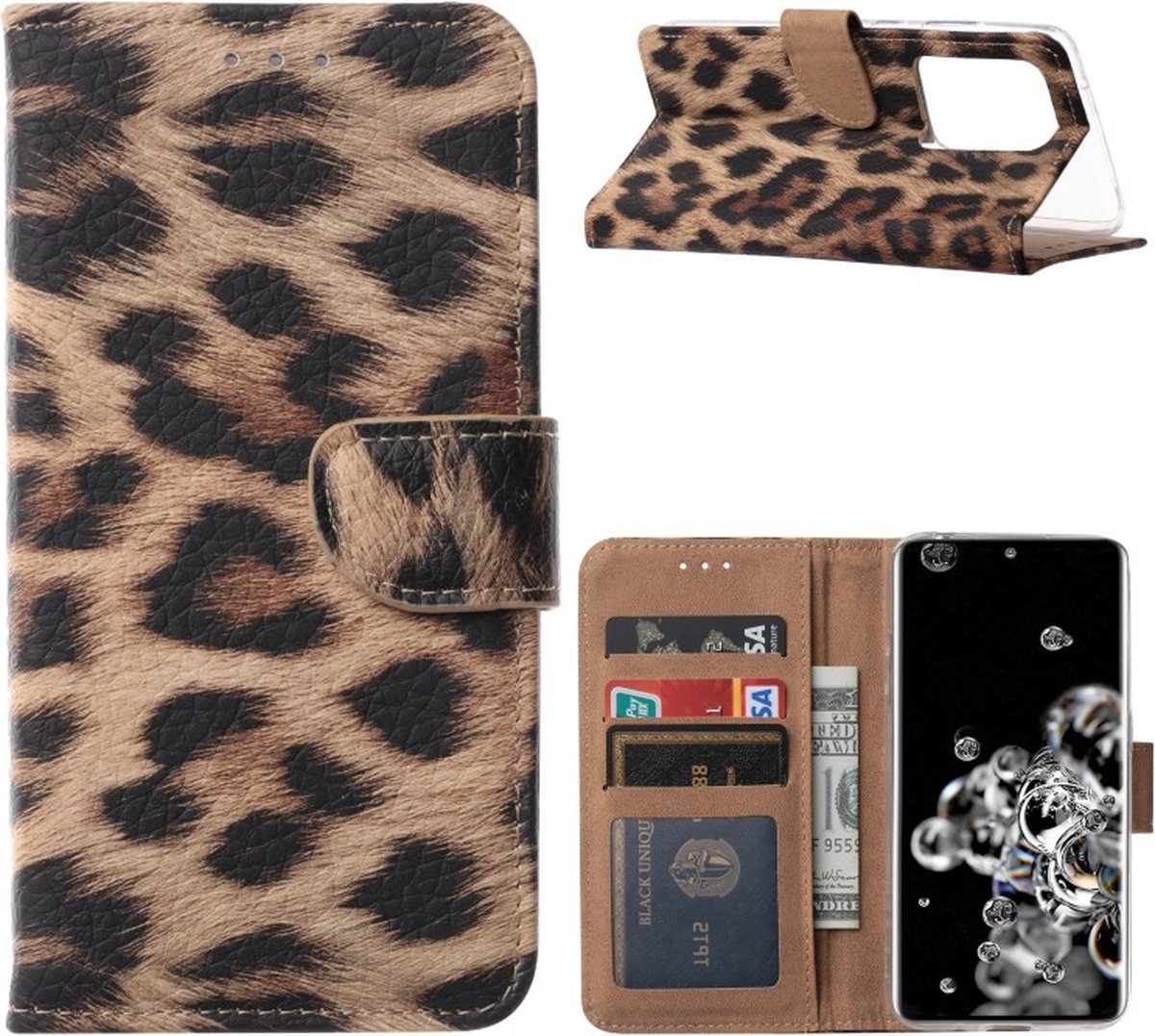 Cityhoesje-geschikt voor Samsung S20 Ultra – Bookcase Incl. Pasjeshouder – Print Luipaard