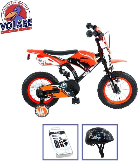 Volare Kinderfiets Motorbike - 12 inch - Oranje - Met fietshelm & accessoires