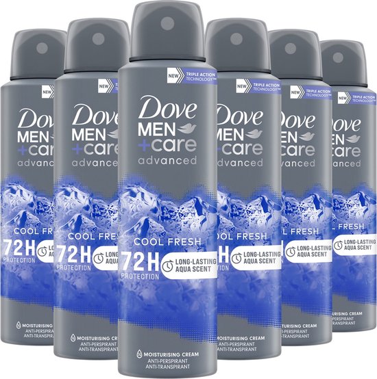Zes Dove Men+Care Advanced Cool Fresh Deosprays op een rij.