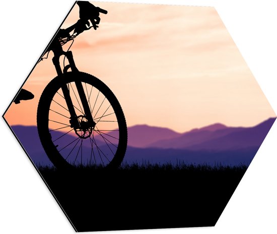 Dibond Hexagon - Silhouet van Persoon op Mountainbike Fietsend door Berggebied - 60x52.2 cm Foto op Hexagon (Met Ophangsysteem)