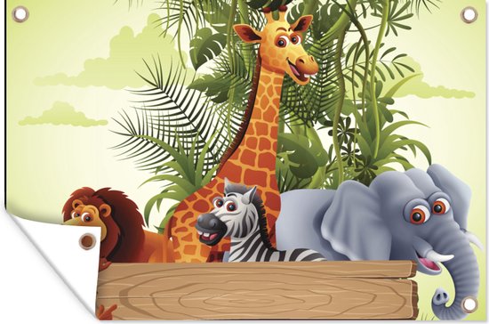 Tuindecoratie Jungle dieren - Natuur - Planken - Kinderen - Giraffe - 60x40 cm - Tuinposter - Tuindoek - Buitenposter