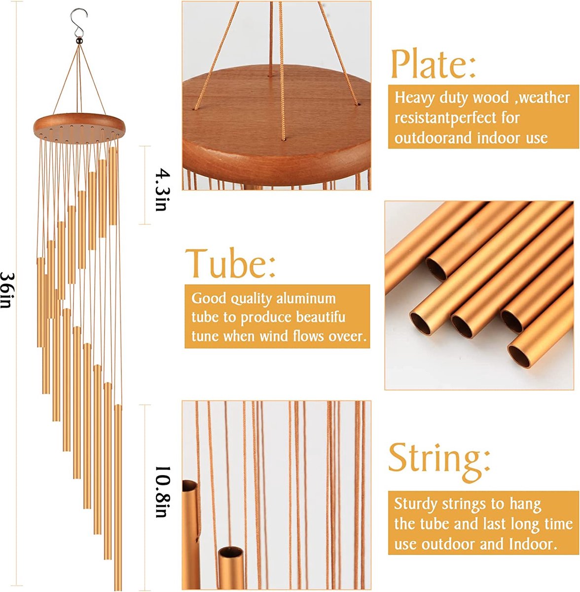 Grand Carillon éolien 18 Tubes Aluminium - 80x12cm, Son Apaisant, Pour Extérieur/jardin/décoration Intérieure, Argenté