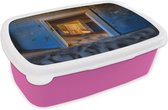 Broodtrommel Roze - Lunchbox - Brooddoos - Zand - Blauw - Deur - Architectuur - 18x12x6 cm - Kinderen - Meisje