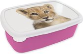 Broodtrommel Roze - Lunchbox - Brooddoos - Leeuw - Dieren - Natuur - Wit - 18x12x6 cm - Kinderen - Meisje