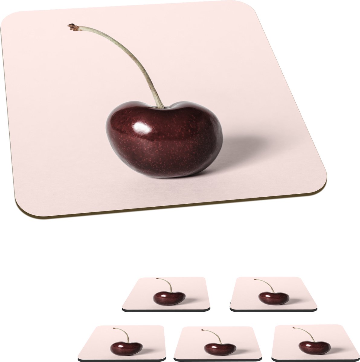 Onderzetters voor glazen - Kers - Fruit - Rood - Stilleven - 10x10 cm - Glasonderzetters - 6 stuks