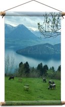 Textielposter - Koeien Grazend in het Gras in Berggebied - 40x60 cm Foto op Textiel
