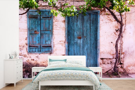 Vintage - Deur - Huis - Blauw - Boom - Behangpapier