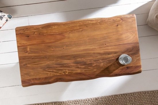 Massief houten boomstam salontafel MAMMUT 110 cm acacia zwart metalen frame 3,5 cm tafelblad - 40014
