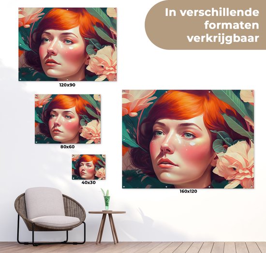 Tuinposter 160x120 cm - Tuindecoratie Portret - Vrouw - Bloemen - Roze - Botanisch - Poster voor in de tuin - Buiten decoratie - Schutting tuinschilderij - Tuindoek muurdecoratie - Wanddecoratie balkondoek