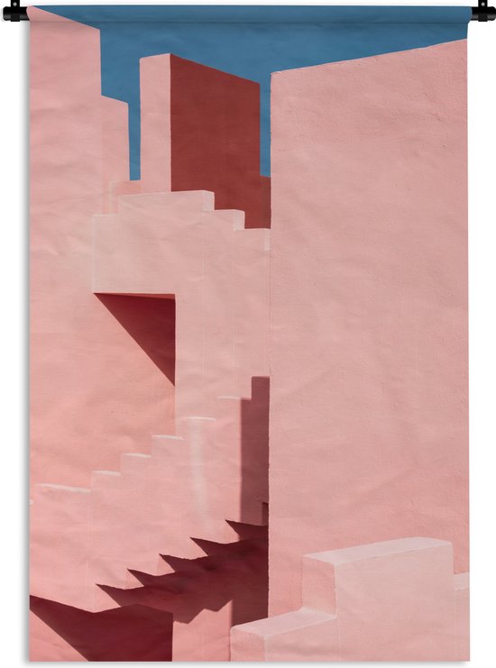 Wandkleed - Wanddoek - Roze - Architectuur - Trappen - Pastel - 60x90 cm - Wandtapijt