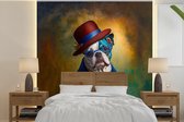 Behang - Fotobehang Hond - Portret - Kleding - Hoed - Abstract - Breedte 300 cm x hoogte 300 cm