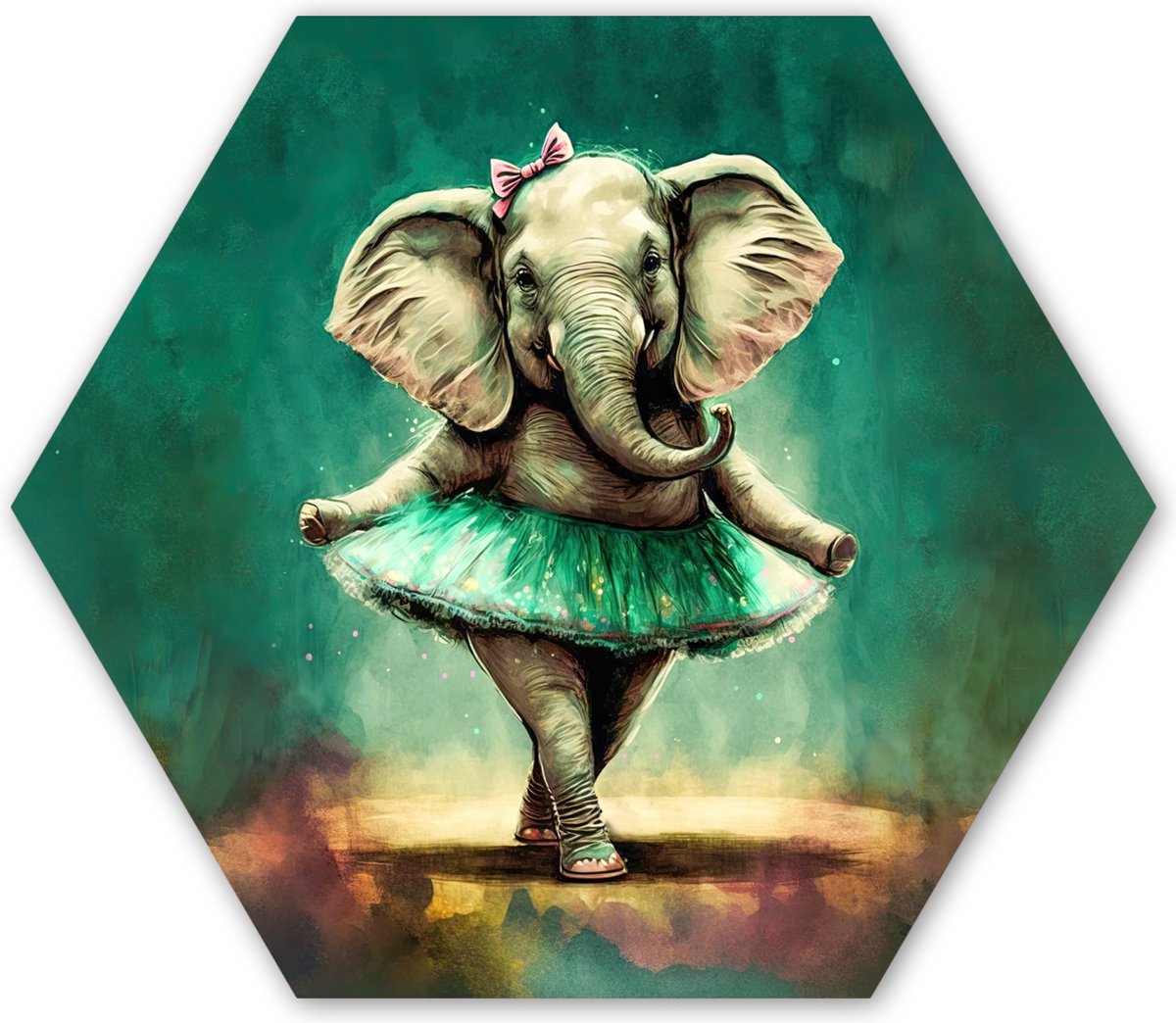 Hexagon wanddecoratie - Kunststof Wanddecoratie - Hexagon Schilderij - Olifant - Ballerina - Verf - Strik - Portret - Kinderen - 75x65 cm