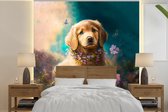 Behang - Fotobehang Puppy - Bloemenkrans - Vlinder - Hond - Golden retriever - Breedte 280 cm x hoogte 280 cm