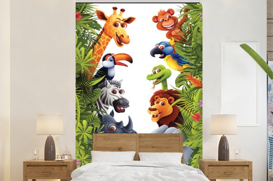 Behang babykamer - Fotobehang Jungle - Dieren - Jongens - Meisjes - Giraf - Olifant - Kids - Breedte 195 cm x hoogte 300 cm