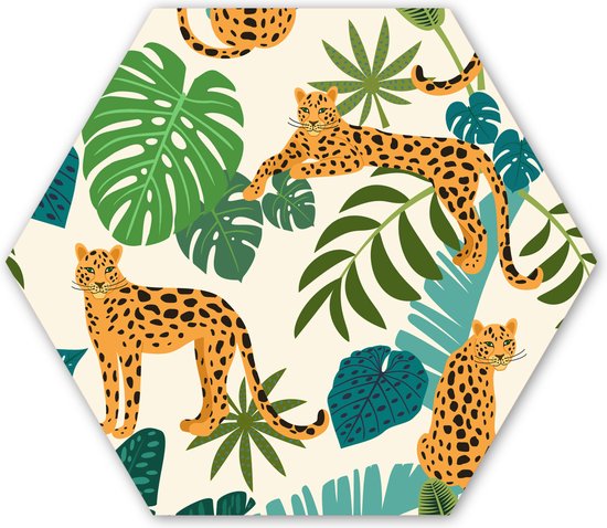 Hexagon wanddecoratie - Kunststof Wanddecoratie - Hexagon Schilderij - Jungle - Luipaard - Planten - Patroon - Meiden - Jongens - 120x103 cm