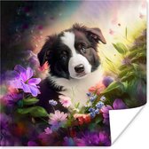 Poster Puppy - Zon - Bloemen - Natuur - Bordercollie - Hond - 30x30 cm - Cadeau meisje 7 jaar