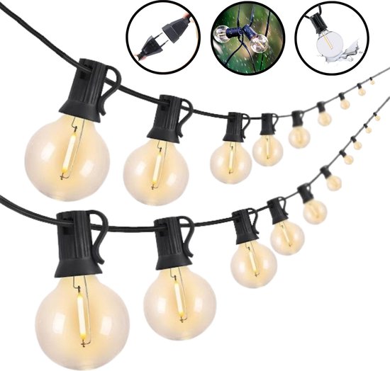 Homezie Lichtsnoer | 16 meter met 30 kunststof LED bulbs | Warm wit | Waterdicht | Koppelbaar & Dimbaar | Tuinverlichting