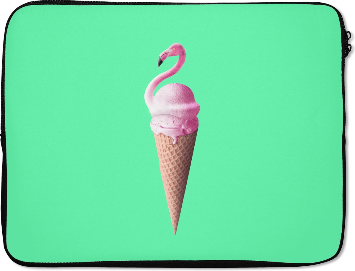 Laptophoes 17 inch - IJshoorntjes - IJs - Flamingo - Roze - Groen - Laptop sleeve - Binnenmaat 41x28 cm - Zwarte achterkant