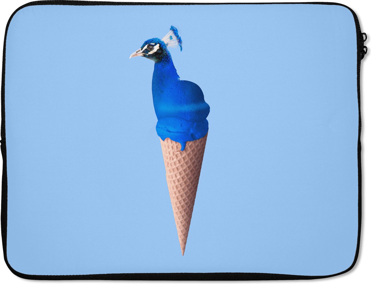 Laptophoes 17 inch - Pauw - IJshoorntje - IJs - Blauw - Vogel - Laptop sleeve - Binnenmaat 41x28 cm - Zwarte achterkant