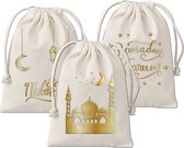 décoration ramadan - 3 sacs cadeaux Ramadan - décorations et lumières - en coton - belle impression dorée de haute qualité - idéal pour emballage cadeau - taille 20x30 cm avec t