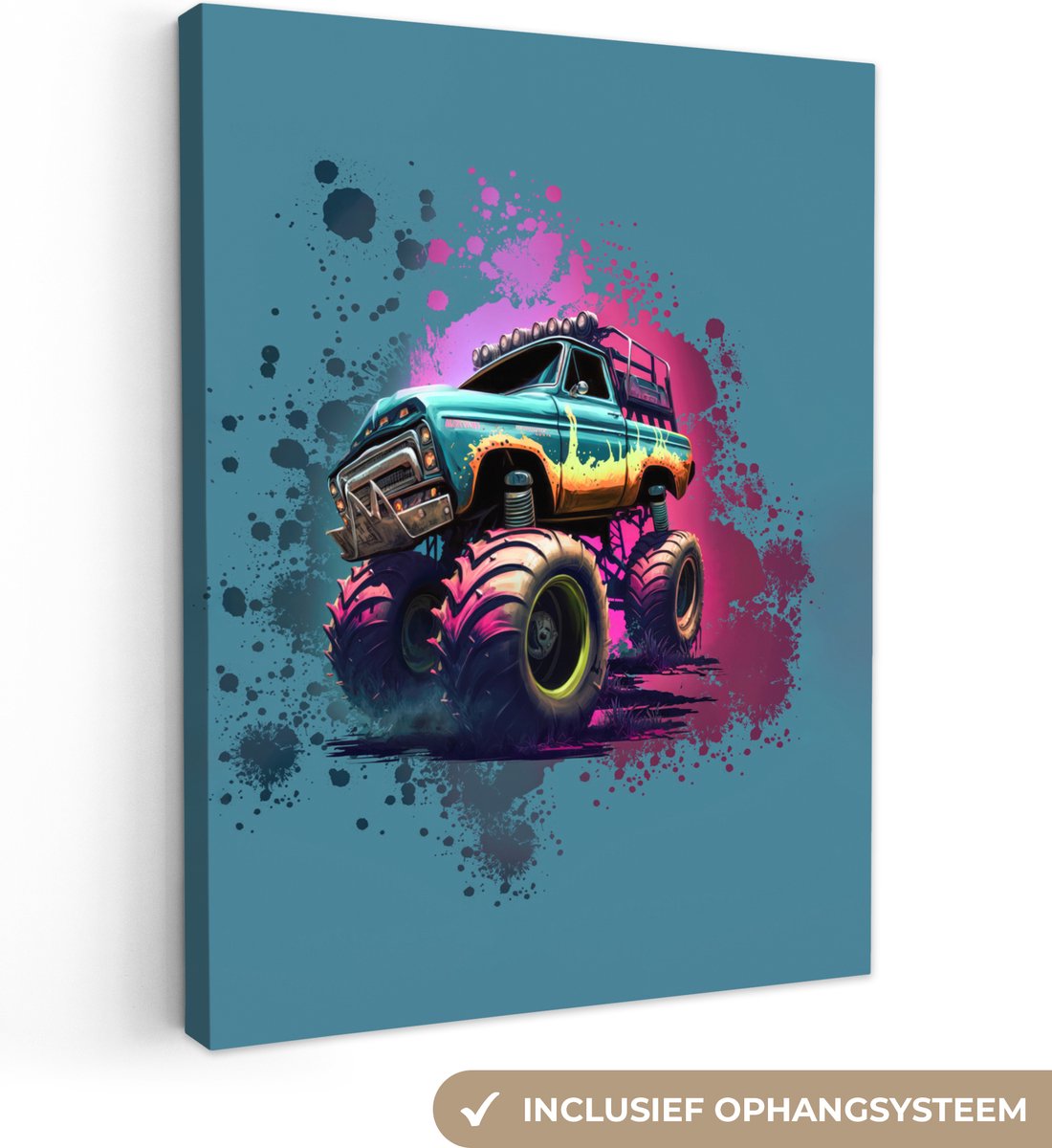 Canvas Schilderij Monstertruck - Verf - Graffiti - Roze - Neon - 90x120 cm - Wanddecoratie
