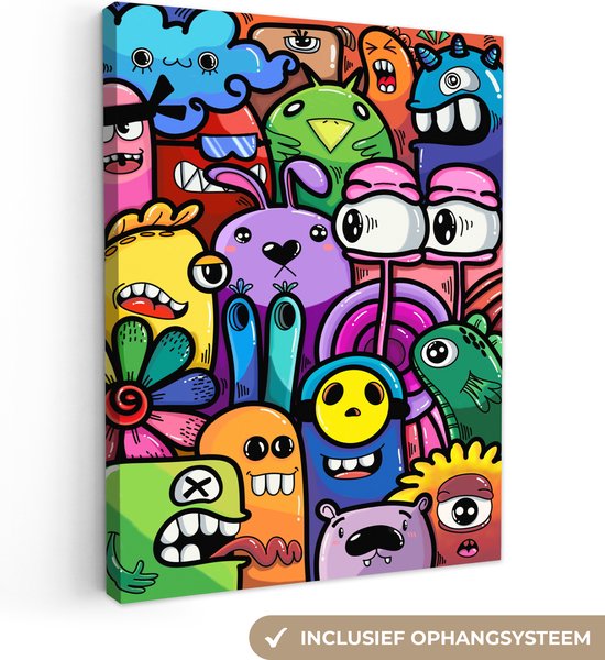 Canvas Schilderij Monster - Bloemen - Regenboog - Design - Grappig - Kids - 30x40 cm - Wanddecoratie