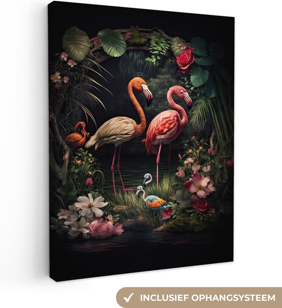 Canvas Schilderij Flamingo - Bloemen - Planten - Jungle - Roze - 90x120 cm - Wanddecoratie